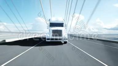 <strong>高</strong>速公路上汽油<strong>加油</strong>机、拖车、卡车的三维模型。 开得很快。 现实的4k动画。 石油概念。